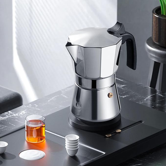 Jonlaki Stovetop Coffee Maker - Premium Stainless Steel Octagonal Design with Even Heat Distribution for Home and Outdoor Use 150ML Silver (300ML)