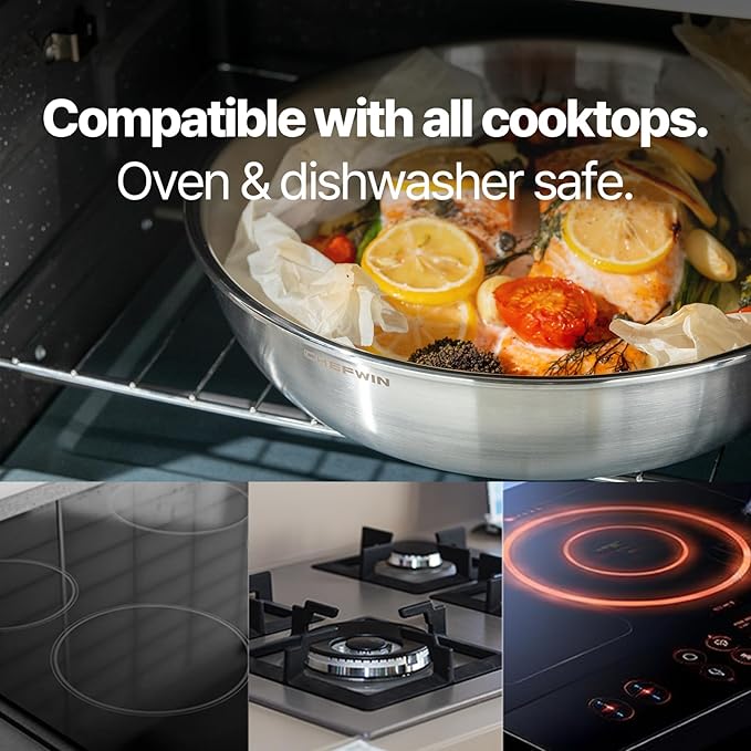 316 Stainless Steel Removable Handle Cookware 5-Ply Stackable Cookware Set 6-Piece Pans with Universal Lid Induction Compatible Oven &amp Dishwasher Safe