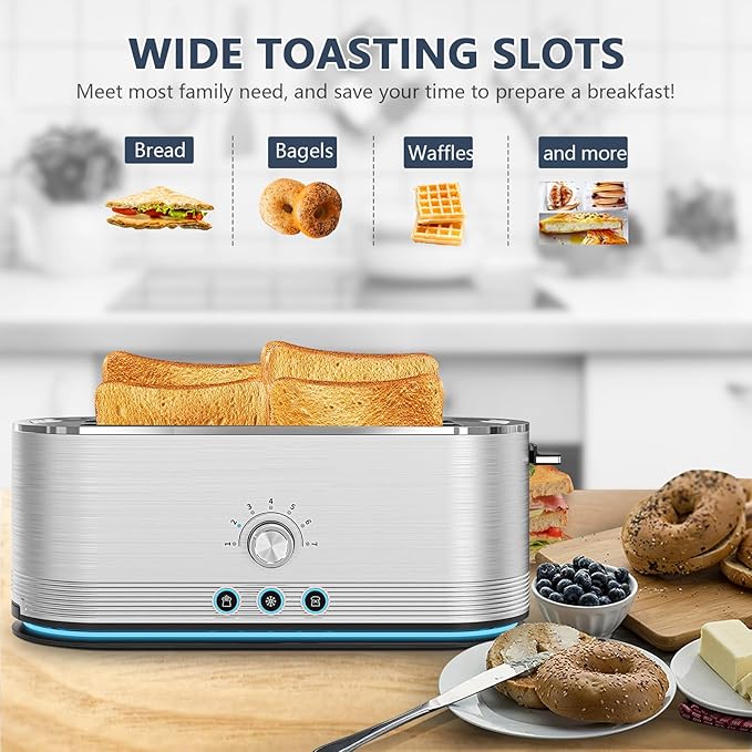 Toaster 4 Slice Wide Slot Toaster Long Slot with Warming Rack 6 Browning Settings Bagel/Defrost Functions Removable Crumb Tray (Silver)