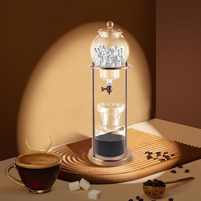 20.29oz Cold Brew Coffee Maker Wooden Ice Coffee Machine Stainless Steel and Borosilicate GlassStainless Steel and Borosilicate Glass Long Neck Sharing Pot with Measuring Spoon (Gold)