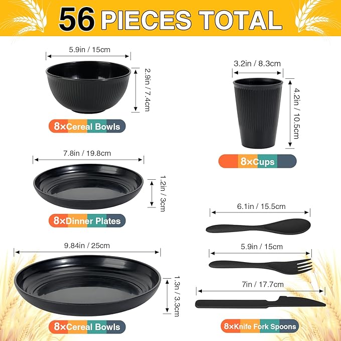 LAERJIN 56 Piece Wheat Straw Dinnerware SetsUnbreakable Reusable Dinnerware SetDishwasher &amp Microwave Safe Plates and Bowls Sets for Apartment Essentials Outdoor Camping Black