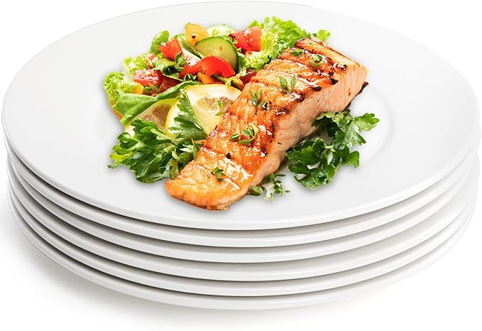 Foraineam White Dinner Plates Set 10 Inch Porcelain Dessert Salad Plate Catering Round Serving Dishes Dinnerware Sets Microwave Oven and Dishwasher Safe Set of 6