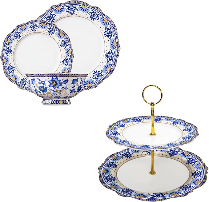 ACMLIFE Bone China Dinnerware Set for 4 2 Tier Cupcake Stand for Dessert Table