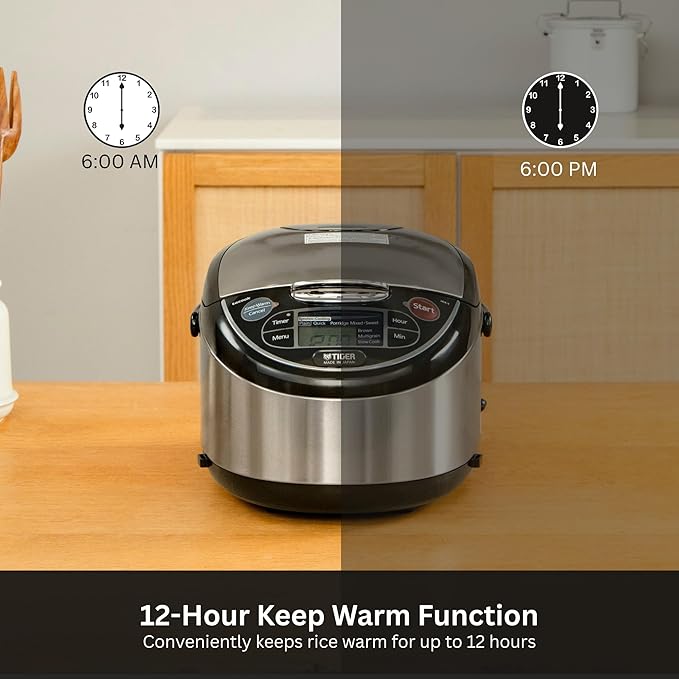 Tiger JAX-T18U-K 10-Cup (Uncooked) Micom Rice Cooker with Food Steamer &amp Slow Cooker Stainless Steel Black