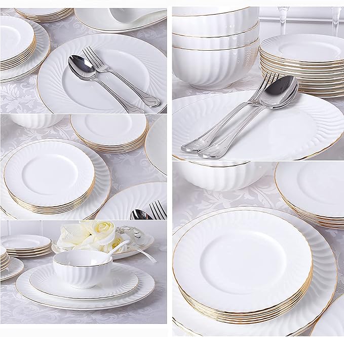 56 Pieces Dinnerware Set White Porcelain Kitchen Fine Bone China Dinner Set with Cereal Bowls Dinner Plate Dessert Plate Deep Soup Plates Fish Plate Dishes Soup Pot