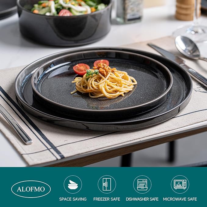 Stoneware Dinnerware Sets Plates and Bowls Set for 4 12-Piece Modern Stoneware Dinnerware – Chip Resistant Non-Toxic Dishwasher and Microwave Safe TablewareGlossy Black