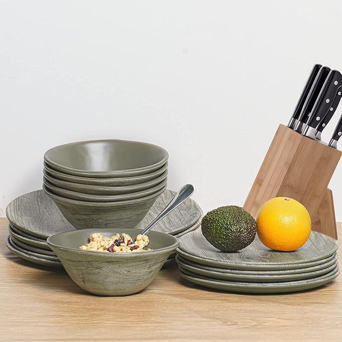 TP 18-Piece Dinnerware Set Melamine Dishes Set with Bowls and Plates Service for 6 Non-breakable Lightweight Dining Tableware Grayish-brown Wood Grain