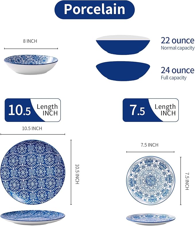 Bestone Porcelain Dinnerware Sets Service for 4 12 pcs Hand drawn Plates and Bowls Sets Handmade Ceramic Dish Set Chip Resistant Modern Plate Set Dishwasher/Microwave SafeVintage Blue