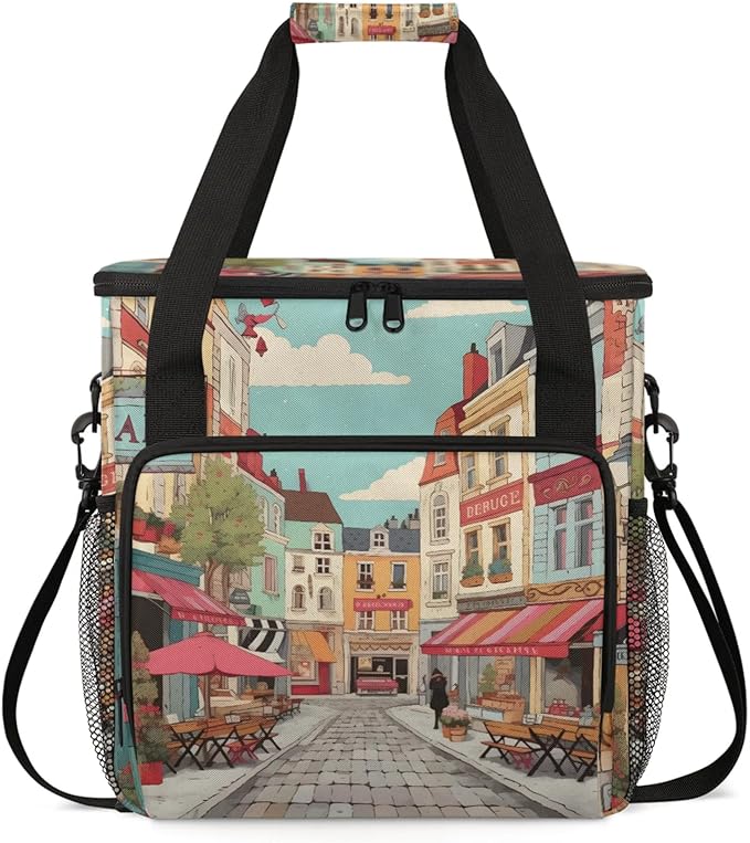 Cartoon Streetscape Coffee Maker Travel Bag for Keurig K-Mini/K-Mini Plus Insulated Waterproof Tote with Pockets for K-Cup Portable Single-Serve Brewer Case