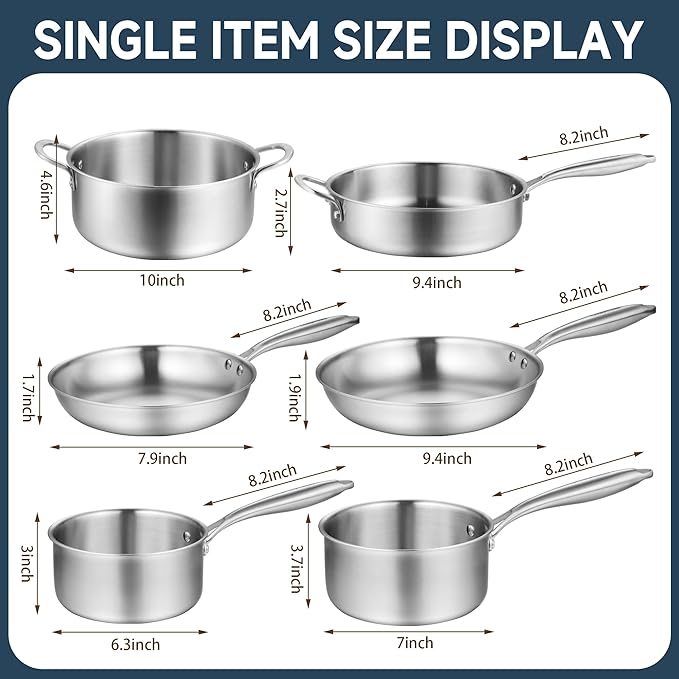 10-Piece Tri-Ply Stainless Steel Cookware Set - Induction-Ready Glass LidsPots and Pans Kitchen Set Riveted Handles Dishwasher Safe Compatible with All Cooktops
