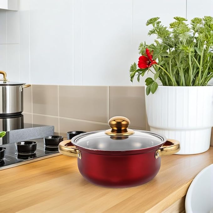 Stainless Steel Cookware Set with Nonstick Surface and Gold Handles Kitchen Pots and Pans for Frying Baking and Cooking Vibrant Wine Red Color Compatible with Multiple Heat Sources