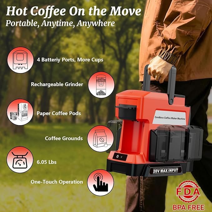 Cordless Coffee Maker for Milwaukee 18V Battery 3 Brewing Options Drip Coffee Maker with Coffee Grinder Portable Single Serve Coffee Makers for Camping Travel and Jobsite. (Tool Only)