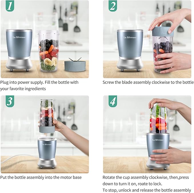 La Reveuse Personal Size Blender 250 Watts Power for Shakes Smoothies Seasonings Sauces with 1 Piece 15 oz Cup1 Piece 10 oz MugBPA-free (Pearl Blue)