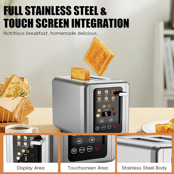 WHALL Touch Screen Toaster - 2 Slice Stainless Steel Digital Timer with Sound Function Smart Extra Wide Slots with Bagel Cancel Defrost (White)