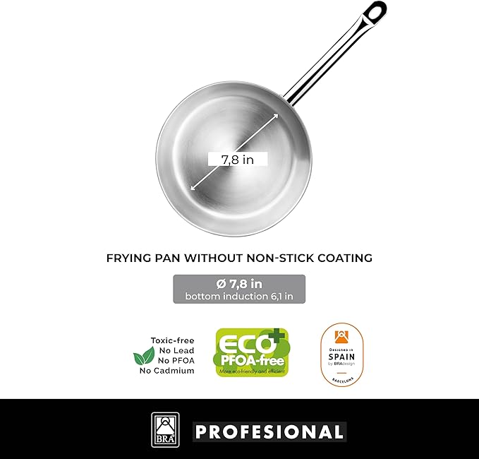 BRA COOKWARE Profesional 8-Piece Stainless Steel Cookware Set | Professional Pots &amp Pans Set | Kitchen Set w/ 2 Pots 1 Sauté Pan 2 Frying Pans 3 Lids | All Heat Sources Compatible | PFOA Free