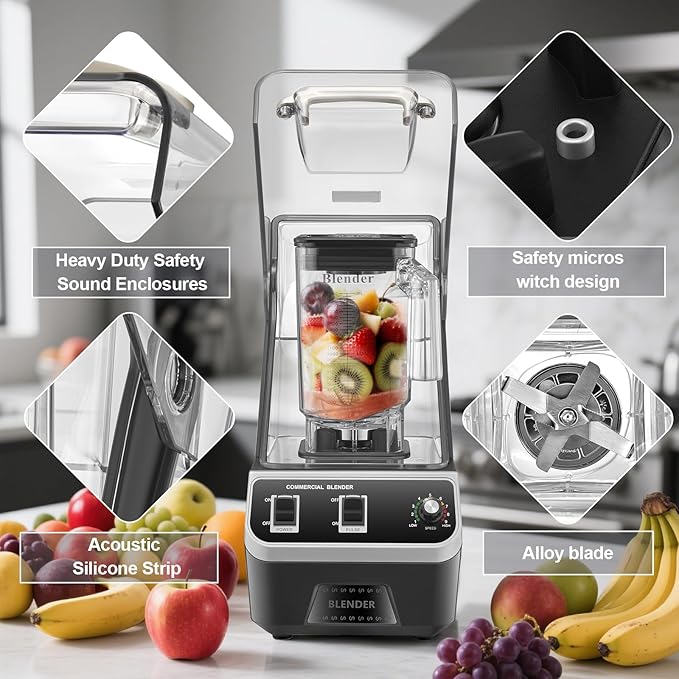 2200W Commercial Blender for Smoothies - Professional Grade High Speed Quiet Electric Countertop Blenders with Sound Enclosure 68oz for Kitchen &amp Home Use