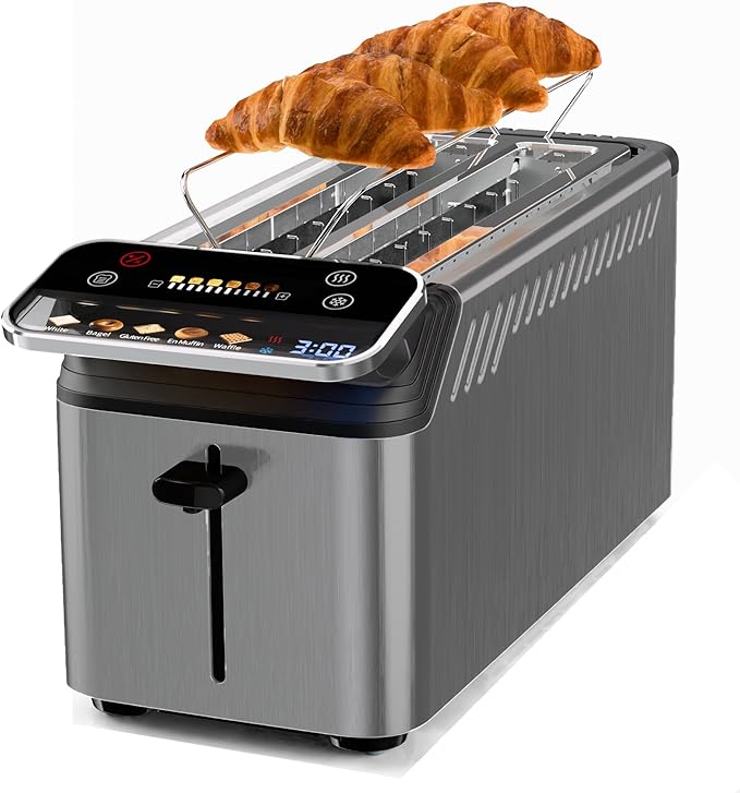 whall Toaster 4 Slice Touch Screen Toasters with Projection Display 1.5 Wide Slot 5 Bread Types &amp 11 Shade Settings Digital Timer Warming Rack Crumb Tray Reheat/Defrost Grey