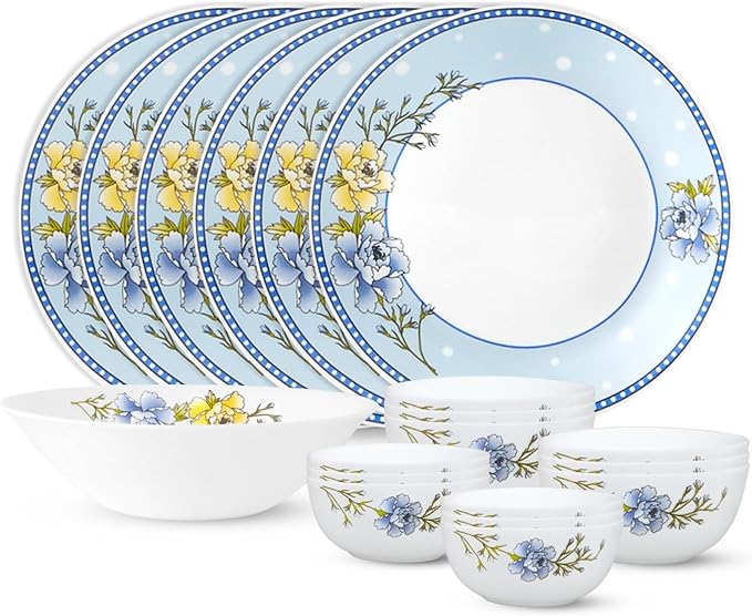 Gourmet Dinnerware Set For 6 19 Pieces White Dinner Plates and Bowls Sets Chip Resistant Tempered Opal Glass Stain Resistant Dishwasher &amp Microwave Safe Dinner Set For Gifting (Blue Sapphire