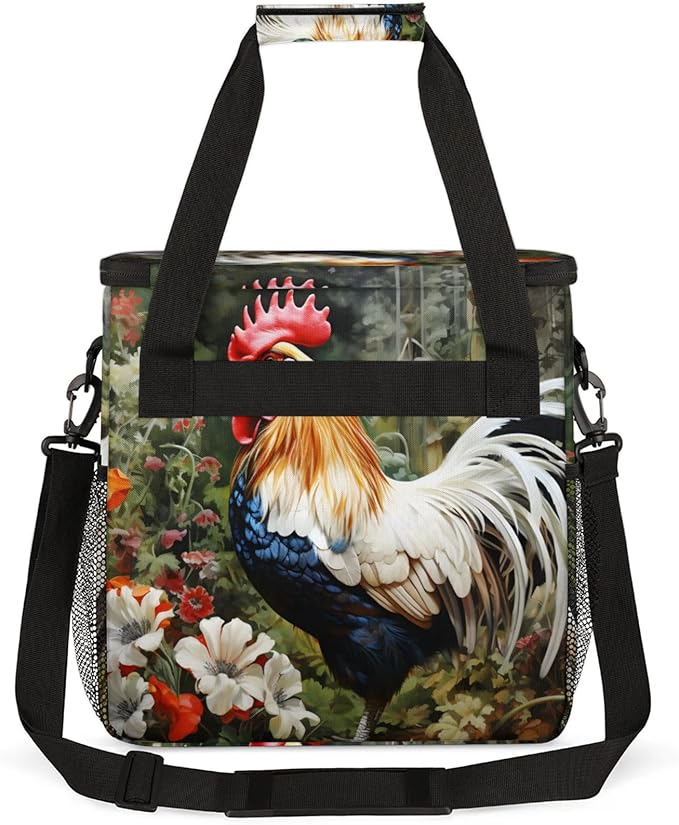 Beautiful Rooster Flower Coffee Maker Travel Bag for Keurig K-Mini/K-Mini Plus Insulated Waterproof Tote with Pockets for K-Cup Portable Single-Serve Brewer Case