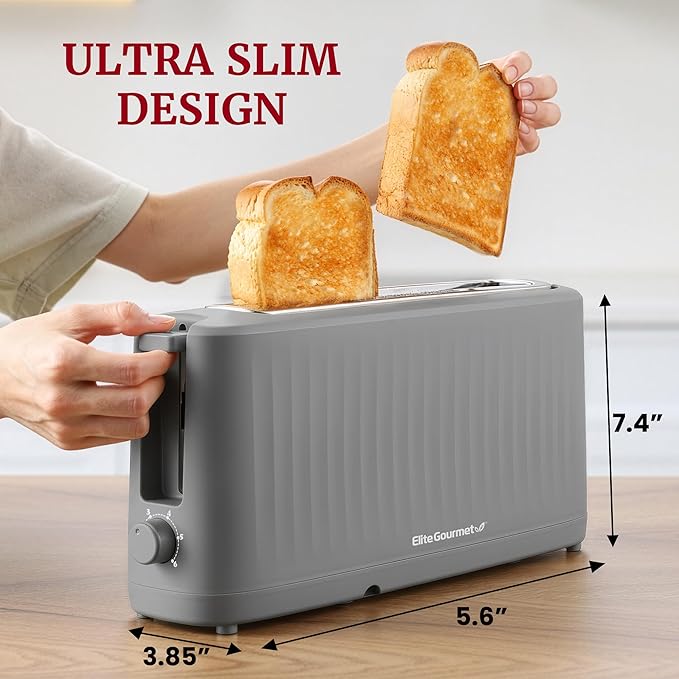 Elite Gourmet ECT2517G SLIMTOAST™ 2-Slice Long Slot Toaster Cool-touch Body 6 Toast Settings &amp Cancel Function Extra Wide 1.5” Slot Easily Fits Breads English Muffins Bagels &amp Waffles G