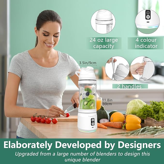 Vaeqozva 700ml Portable BlenderPersonal Blender USB Rechargeable for Shakes and SmoothiesWHITE 98x98x326mm