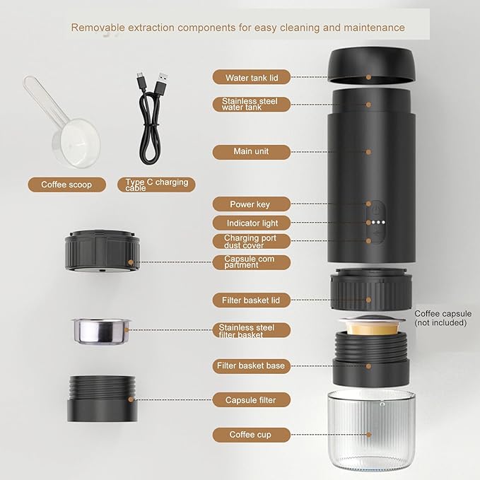 Diydeg Portable Coffee Machine 20Bar High Pressure Dual Mode Extraction 1500mAh Rechargeable Battery with 51mm Standard Coffee Filter Basket for Ground Coffee and Capsules Travel Home