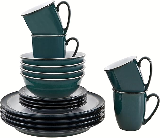 Denby - Greenwich Dinner Set For 4-16 Piece Tableware Green White - Dishwasher Microwave Safe Crockery - 4x Dinner Plate 4x Small Plate 4x Cereal Bowl 4x Coffee Mugs - Chip Crack Resistant