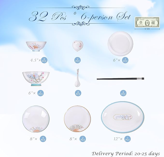 Fine Bone China Dinnerware SetPorcelain&ampCeramic Dinnerware SetsBone Stoneware &amp Ceramic Cookware Tableware Set Includes Dinner Plates|Spoons|Pasta Bowls|Soup Pot|Chopsticks (32PCS * 6-Person