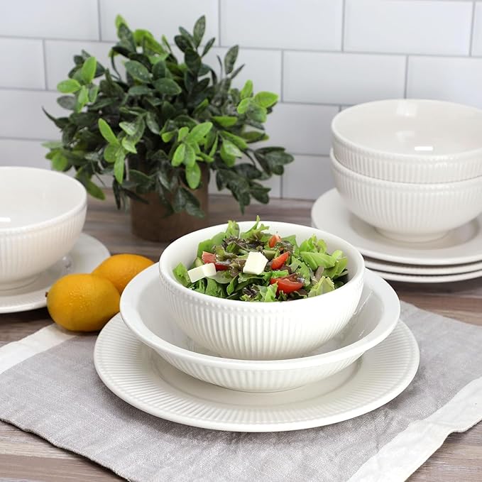 16-Piece Porcelain Dinnerware Set in White – Embossed Double Bowl Set with Textured Rim Microwave &amp Dishwasher Safe – Elegant White Dinnerware for 4