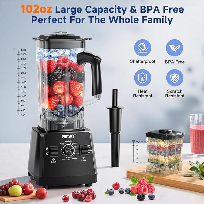 Blender Smoothies 102oz Large Capacity Kitchen Blender 1000Watts Motor 2-in-1 Professional Countertop Blenders and Grinder Combo Frozen Fruit Ice Crush Nuts BPA-Free - Black