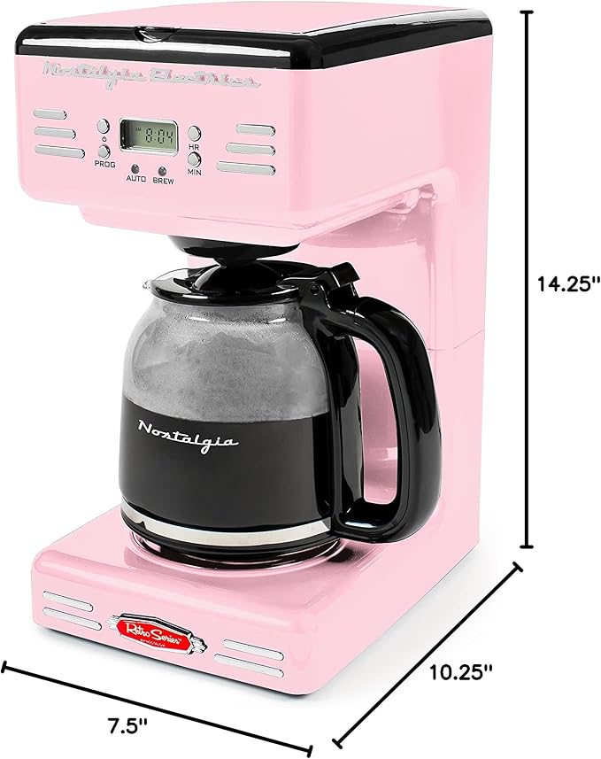 Nostalgia Retro 12-Cup Programmable Coffee Maker With LED Display Automatic Shut-Off &amp Keep Warm Pause-And-Serve Function Pink