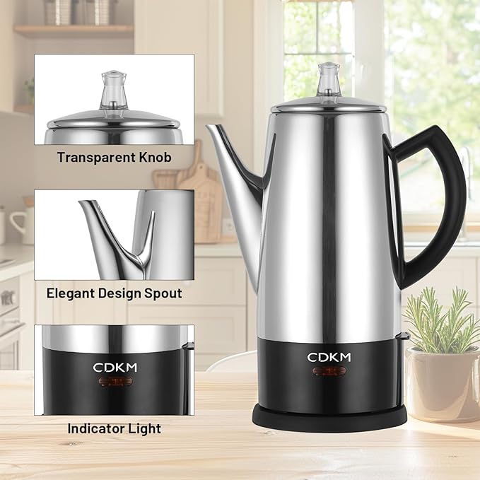 Classic 12 Cup Percolator PC-9822 Stainless Steel with keep warmcordless service (Mirror Polished)