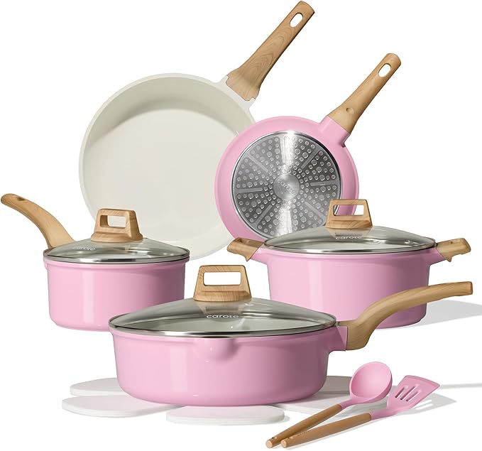 CAROTE Ceramic Cookware Set 14 PCS Pots and Pans Set Non Stick Pot and Pan Set with Frying pan Induction Ready Cooking Set for Kitchen PFOS/PFOA/PFAS Free Pink