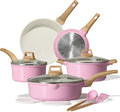 CAROTE Ceramic Cookware Set 14 PCS Pots and Pans Set Non Stick Pot and Pan Set with Frying pan Induction Ready Cooking Set for Kitchen PFOS/PFOA/PFAS Free Pink