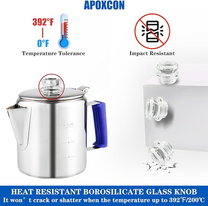 Multi Use Percolator Coffee Pot Stainless Steel Stove Top Coffee Maker with Two Tough Borosilicate Glass Knob Silica Handle Camping Coffee Pot Using on Campfire Stove &amp Induction Cooker Silver 6 C