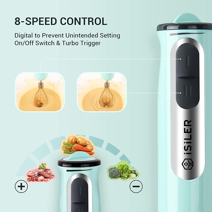 Immersion Hand Blender ISILER 5-in-1 500-Watt Multi-Purpose Stick Blender with 860ml Food Chopper 600ml Container Milk Frother Egg Whisk 8-Speed for Puree Infant Food Smoothies Soups