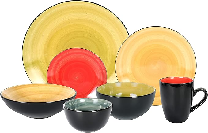 Stoneware Sonoma 56pc Dinnerware Set Black + Speckled Spin Wash Mixed Colors of Blue Red Yellow and Green