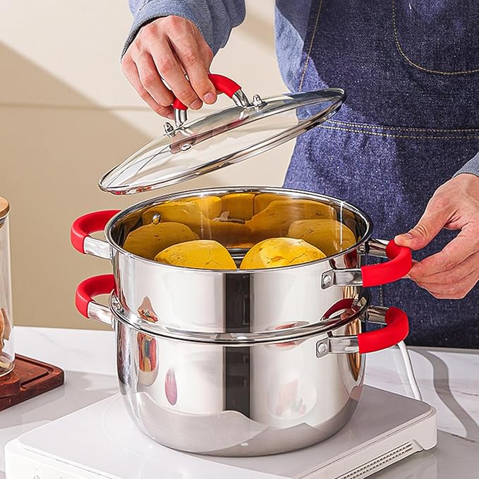 Kitchenware Pots &amp Pans Set Includes Milk Pot Frying Pan Stockpot Steamer And Spatula Set 16 Piece Stainless Steel Kitchen Cookware Cooking Set with Silicone-wrapped Handles for All Cooktops