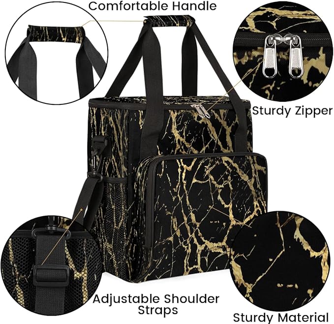 Black Marble Gold Texture Coffee Maker Carrying Bag Compatible with K-Mini or K-Mini Plus Portable Single Cup Coffee Maker Case with Pockets for K Cup Pods