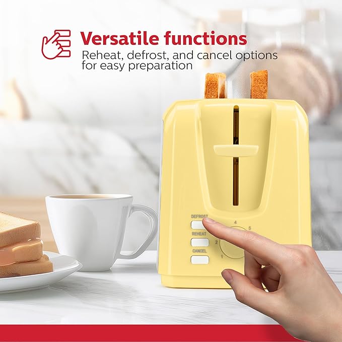 Holstein Housewares 2-Slice Toaster with 7 Browning Settings Extra-Wide Slots Reheat Defrost Cancel High-Lift Release Removable Crumb Tray – Compact Stainless Steel Yellow