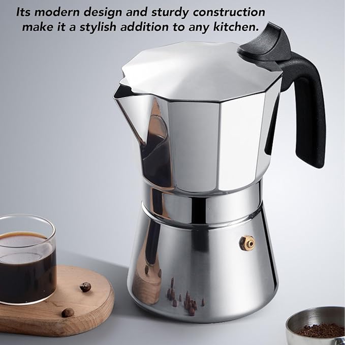 Pssopp Italian Coffee Machine 304 Stainless Steel Easy Extraction Stunning Octagonal Design Stovetop Coffee Maker for Travel Kitchen (3 Cups 150ML)