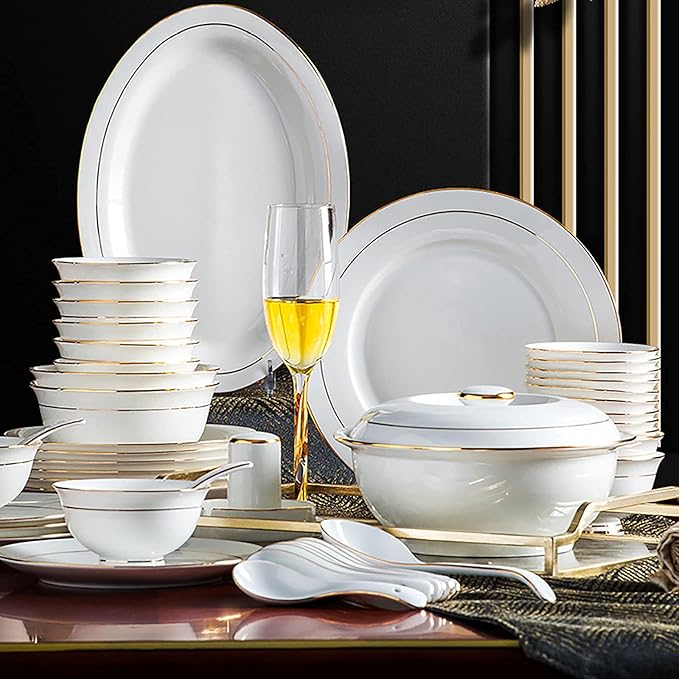 42 Pieces Dinner Set for 6 White Porcelain Bone China Kitchen Combi-Set Tableware Set with Cereal Bowl Bowls Dessert Plates Soup Plates Dinner Plates with Gold Rim