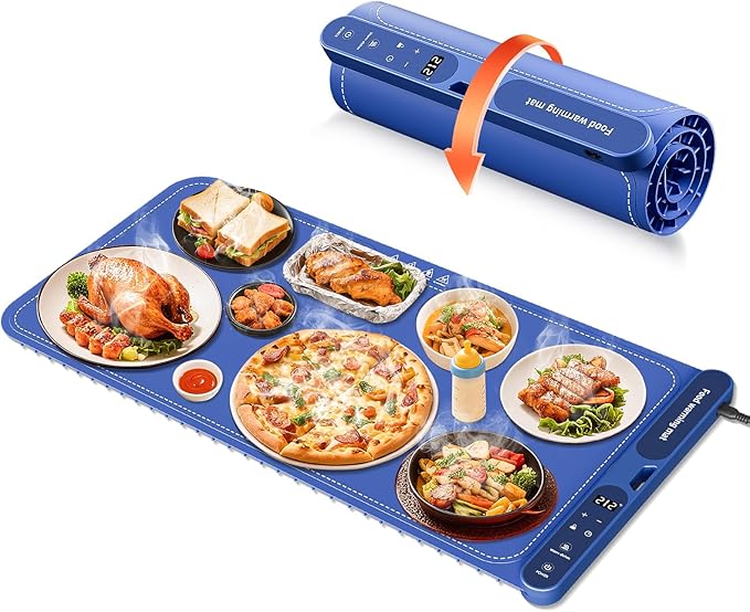 Warming Mat for Food Extra Large 32x15 Electric Silicone Food Warmer Trays for Chafing Dishes &amp BuffetPortable Countertop Food Warmers for Parties 7-Level Temp 8-Hour Timer Blue