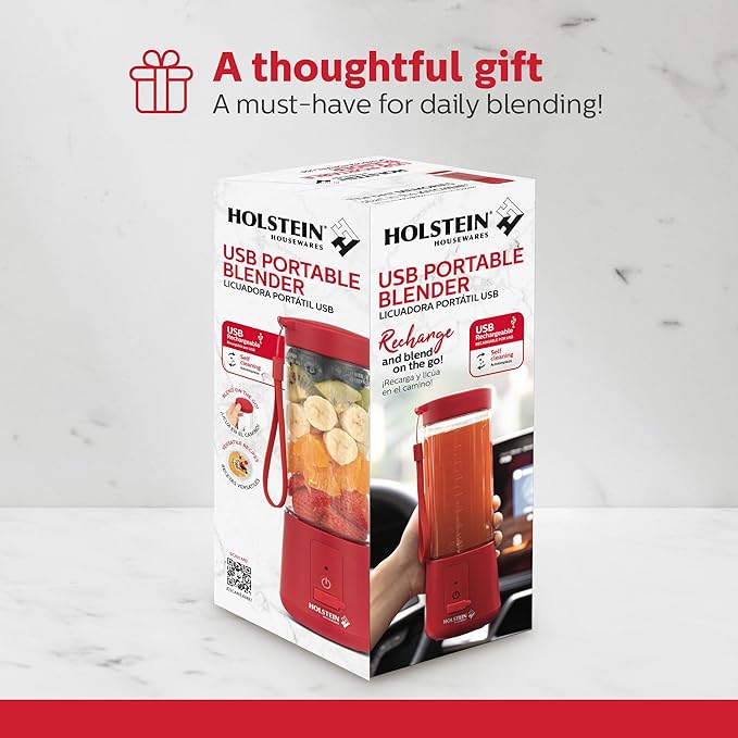Holstein Housewares - USB Portable Blender 16oz Personal Smoothie &amp Shake Maker with Rechargeable Battery Type-C Fast Charging Spill-Free Lid &amp Indicator Light - Red