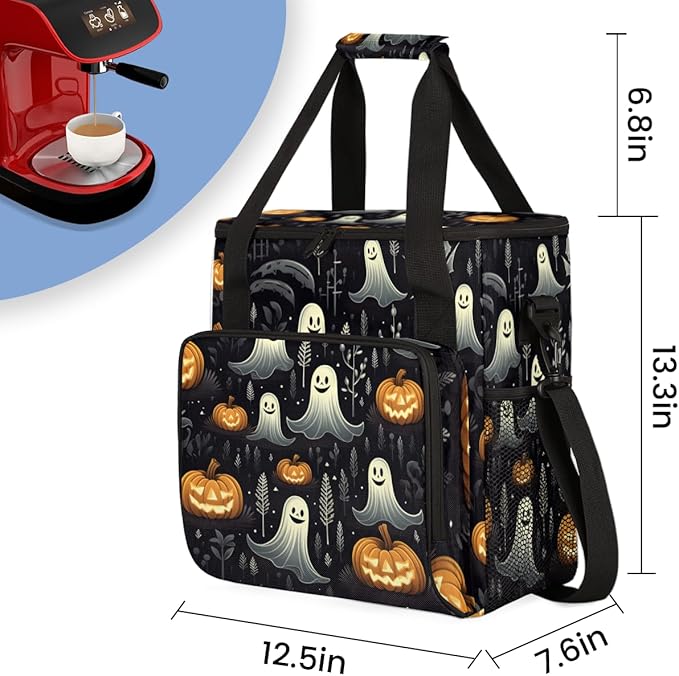 Ghost Pumpkins Coffee Maker Carrying Bag Portable Travel Storage Tote Bag Compatible with K-Mini or K-Mini Plus Single Serve Coffee Brewer Carrying Case with Multiple Pockets &amp Shoulder Strap