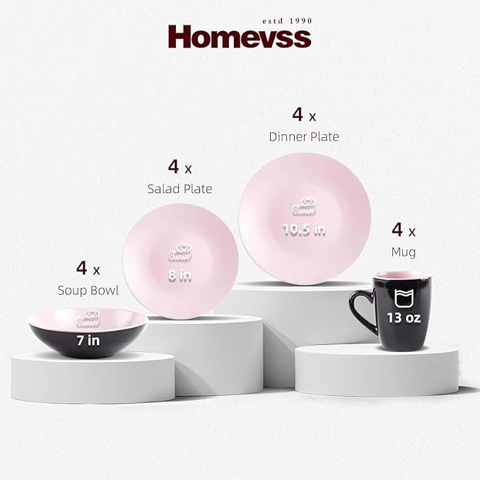 Stoneware Two-Tone Colors Life 16pc Dinner SetOutside Shiny Black + Inside Matte Glaze Rose
