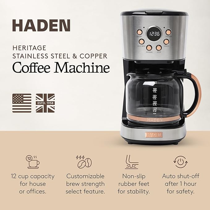 Haden Coffee Machine 12 Cup Programmable Drip Coffee Maker with Auto Shut-Off Function and Reusable Washable Water Filter Steel &amp Copper