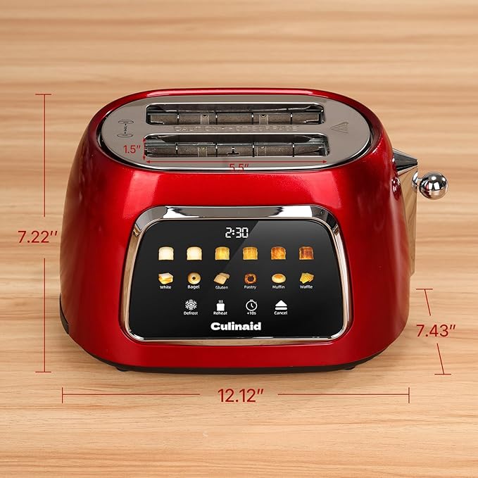 Toaster 2 Slice Smart Touch Screen Retro 1.5'' Extra Wide Slot Stainless Steel Digital Bread Toaster with Memory Function Bagel Defrost 6 Browning Levels and Removable Crumb Tray Red