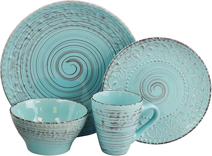 16-Piece Stoneware Dinnerware Set – Malibu Waves in Turquoise or Malibu Sands in Shell Service for 4 (Turquoise)