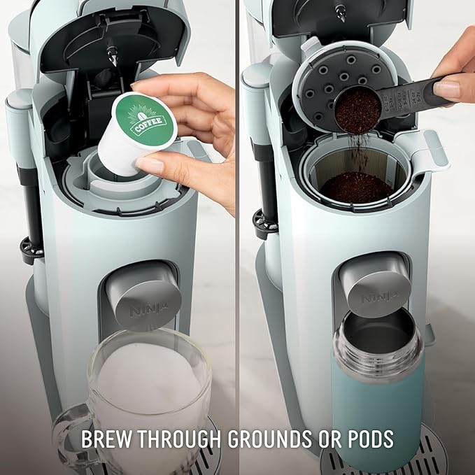 Ninja Pods &amp Grounds Specialty Single-Serve Coffee Maker K-Cup Pod Compatible Built-In Milk Frother 6-oz. Cup to 24-oz. Travel Mug Sizes Iced Coffee Maker Glacier Blue PB051GB
